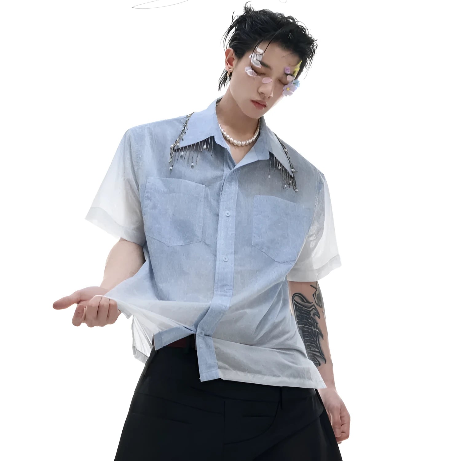 Blue to white gradient loose-fit short sleeve polyester shirt on a hanger.