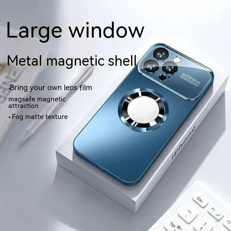 Frosted glass metal frame phone case for iPhone 15 ProMax in dark purple with camera lens protector