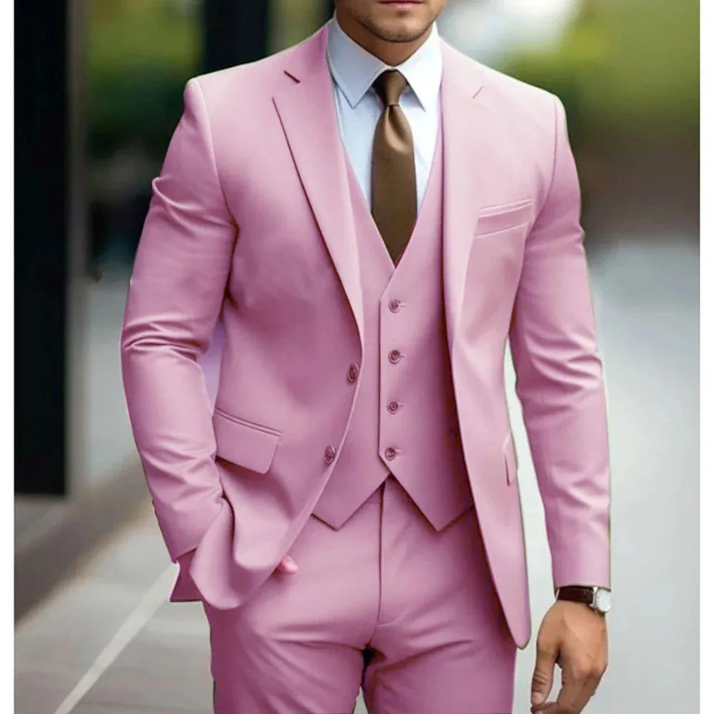 Men's three-piece slim fit wedding suit in champagne with coat, vest, and trousers