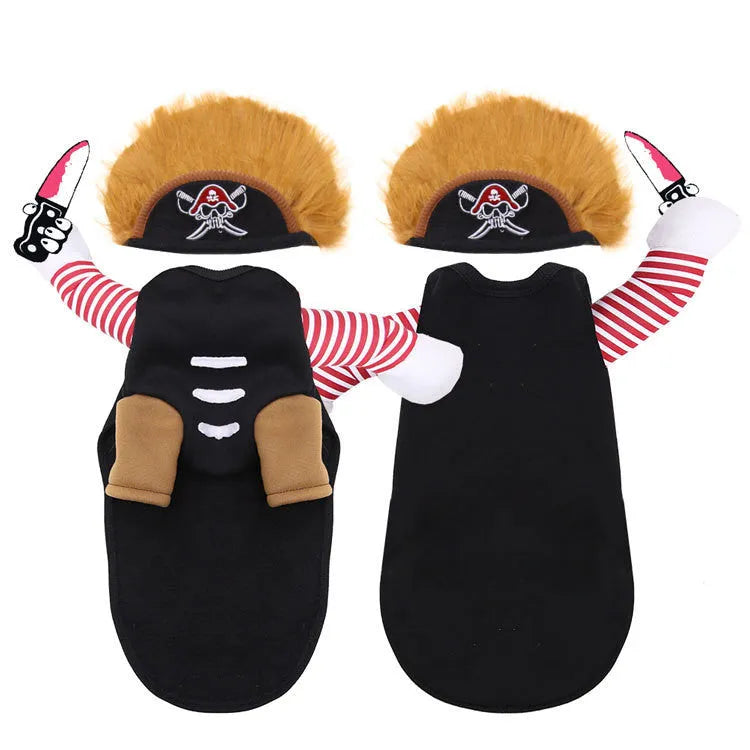 Pirate pet costume set for dogs and cats with matching hat on animal