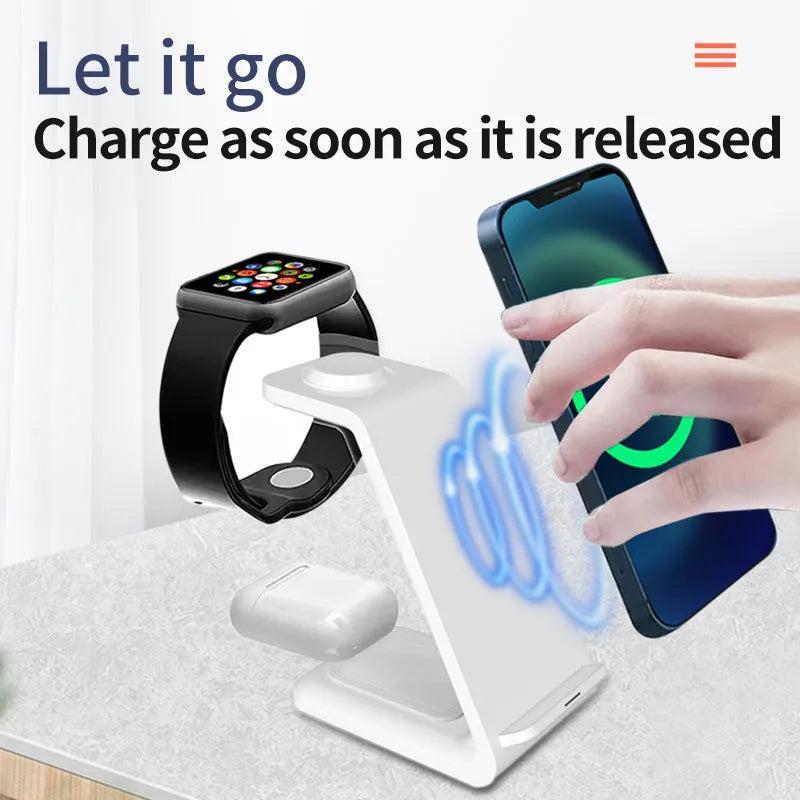White adjustable wireless charging phone stand showing phone in portrait orientation on charger