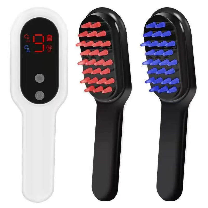 White electric head massager comb with red and blue light therapy, 26 massage contacts, and LED display.