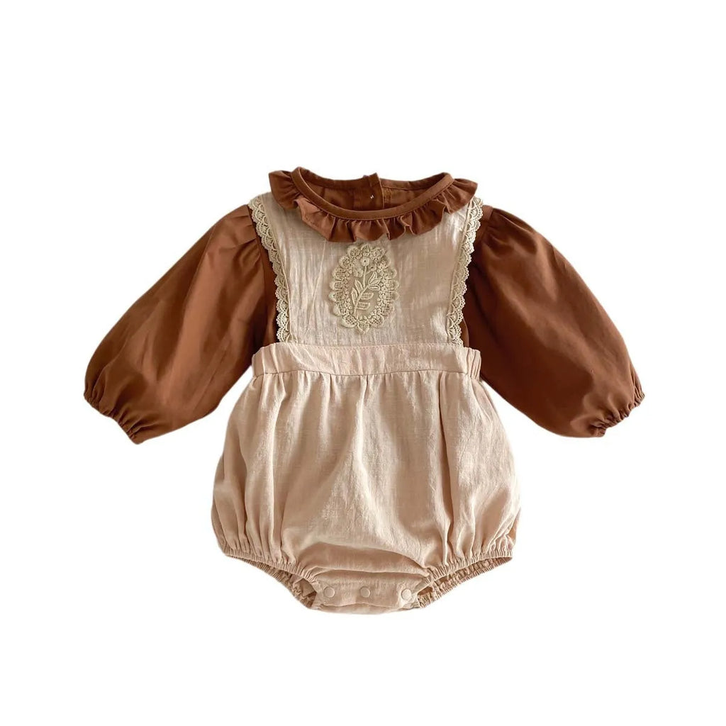 Korean style baby autumn set with brown long sleeve shirt and apricot sleeveless suspender romper, sizes 66cm to 90cm