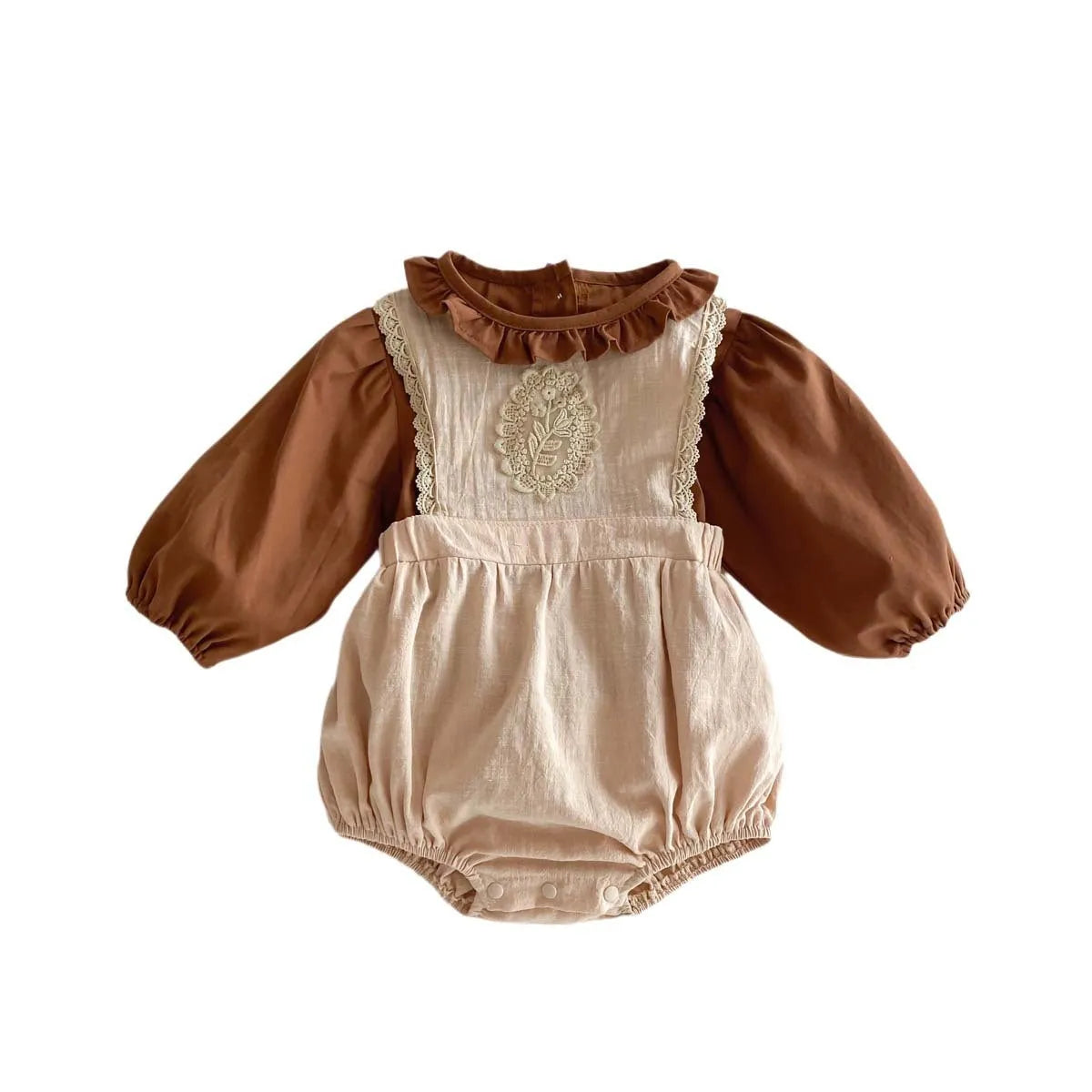 Korean style baby autumn set with brown long sleeve shirt and apricot sleeveless suspender romper, sizes 66cm to 90cm
