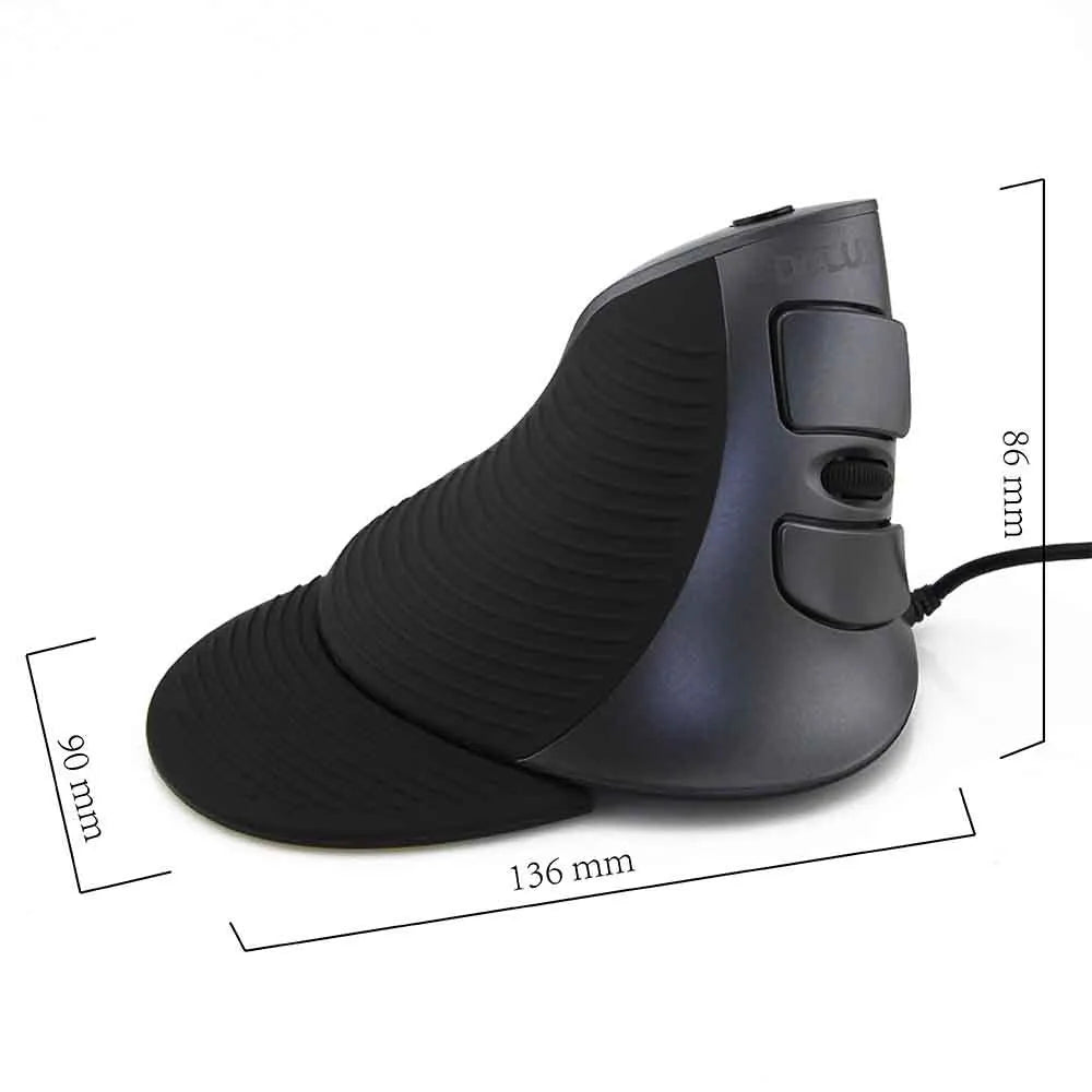 Ergonomic vertical computer mouse in black with wired USB cable showing handshake grip position