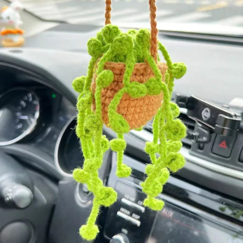 Knitted wool car plant decoration with green and white pattern, 8cm basin and hanging cord