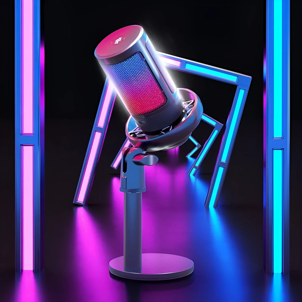 USB condenser microphone with colourful LED light ring, shown with a cantilever mounting arm on a desk.