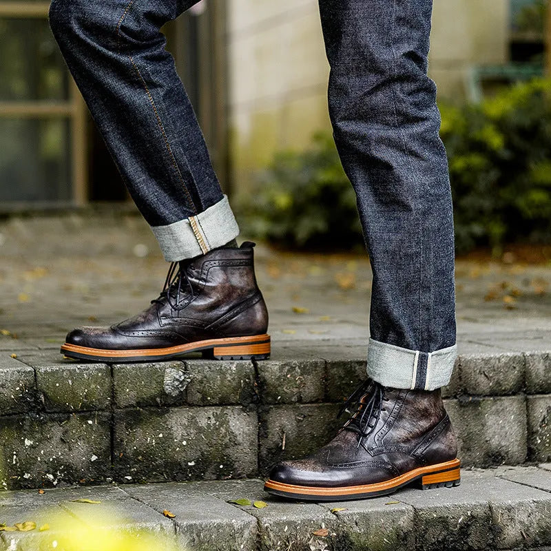 Men's leather Martin boots with first layer cowhide patent finish upper and rubber sole, black or dark coffee