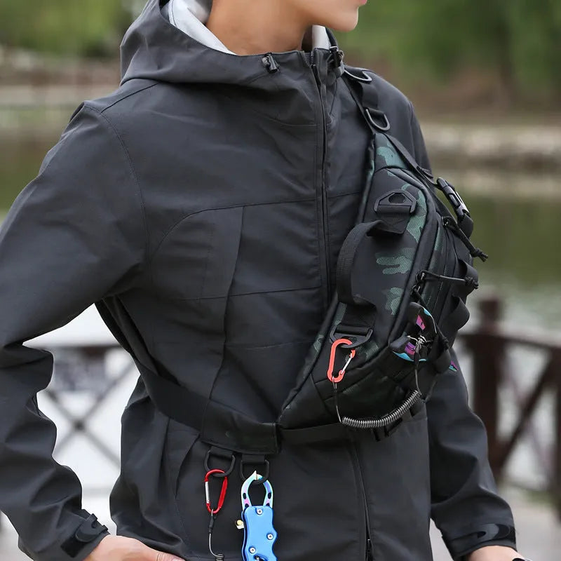 Camouflage waterproof lure waist bag with film leather exterior and polyester lining, unisex striped pattern, three colour options.