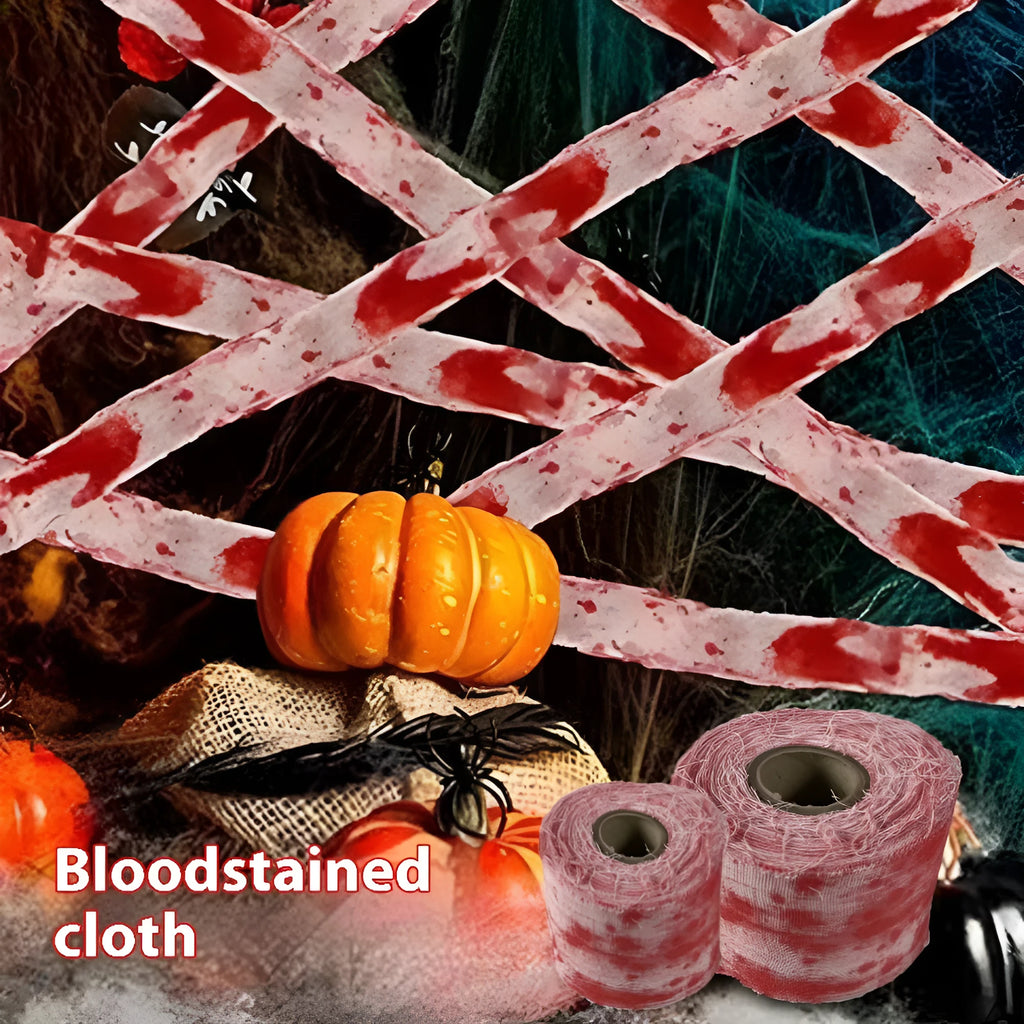 Halloween horror bandage roll showing 8cm wide polyester gauze with bloody red dyed finish