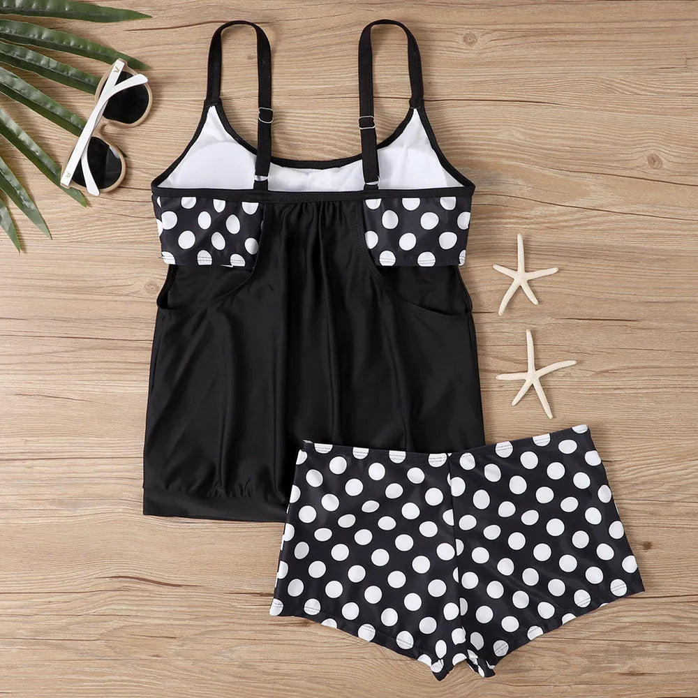 Women's polka dot swimsuit briefs set with high-waist conservative design in polyester fabric