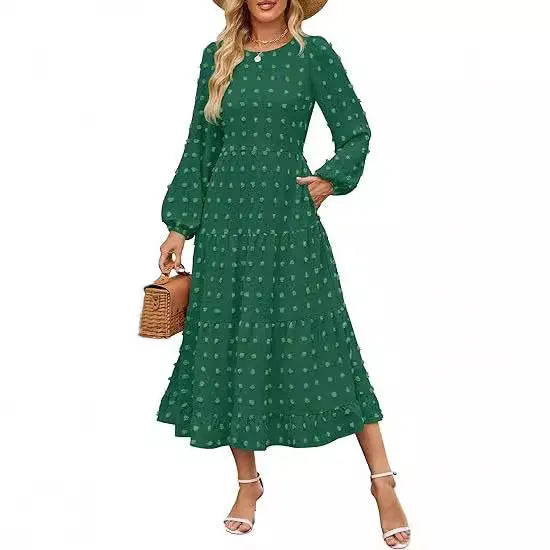 Women's high waist autumn dress with long ruffled sleeves in a solid colour