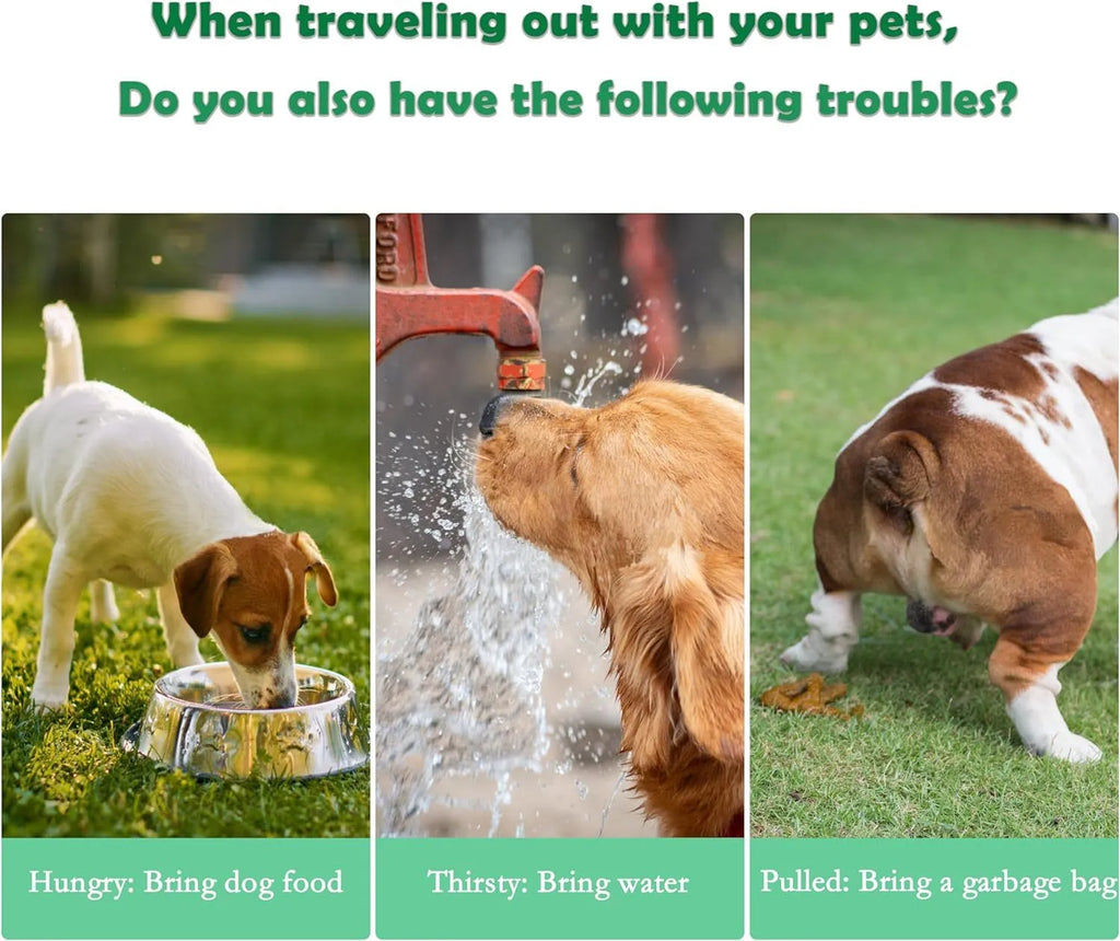 Green 3-in-1 portable pet water bottle with food container and waste bag dispenser held by hand strap