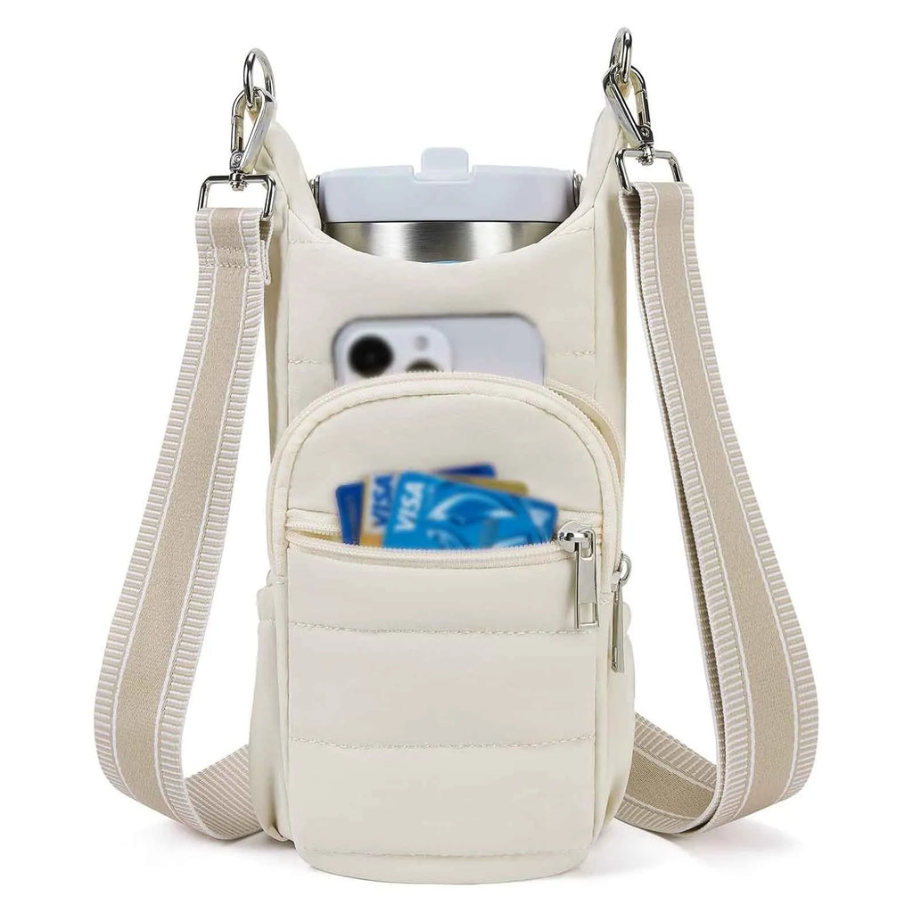 Cloth bicycle water bottle bag in black, pink or beige colour mounted on bike frame