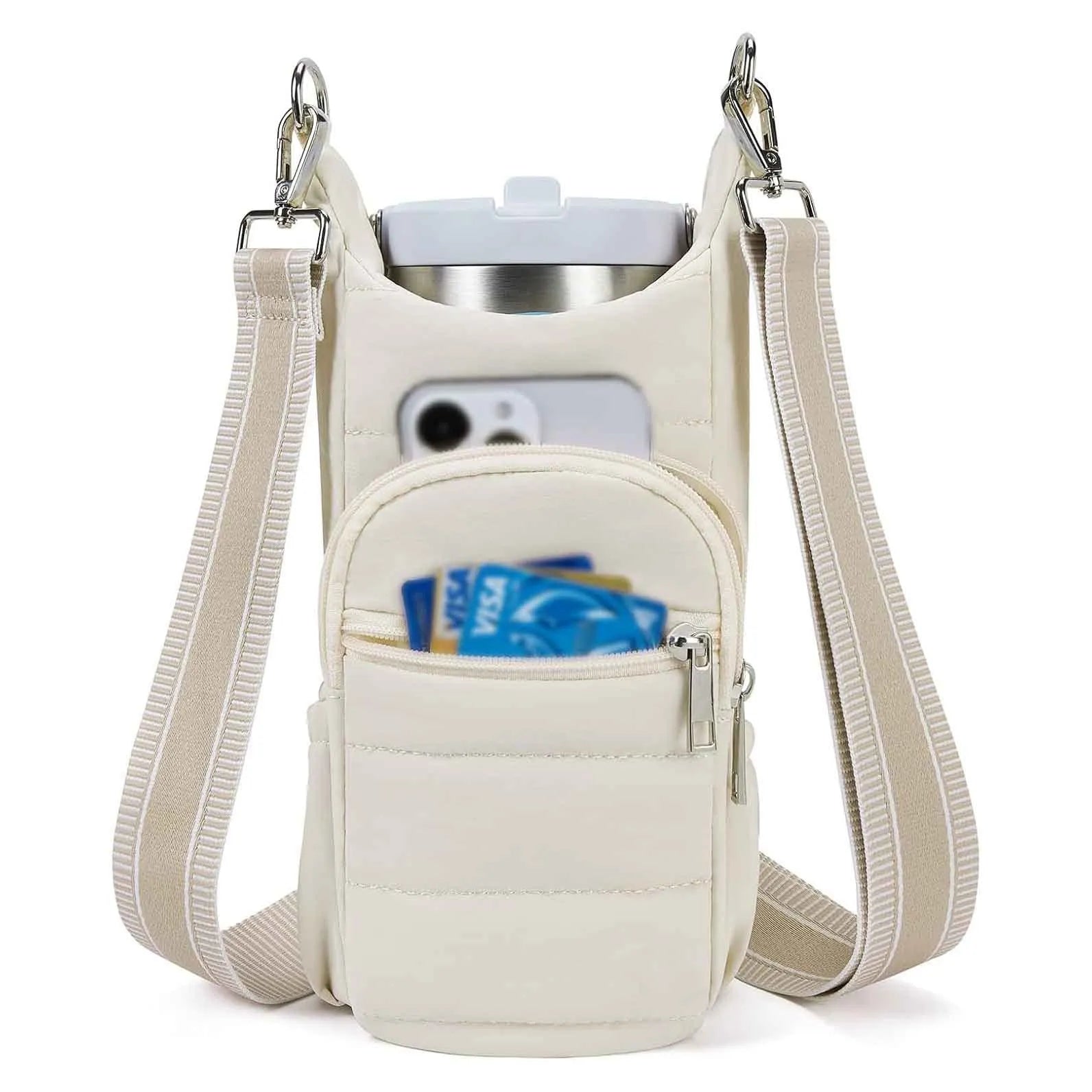 Cloth bicycle water bottle bag in black, pink or beige colour mounted on bike frame