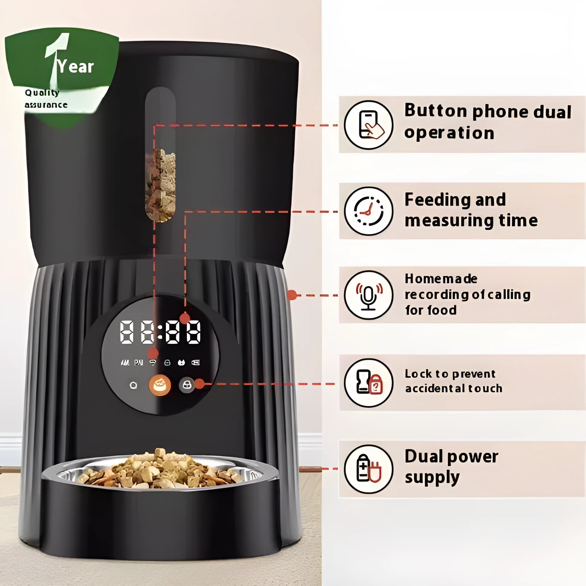 Black and white automatic pet feeder with USB power connection for timed remote feeding