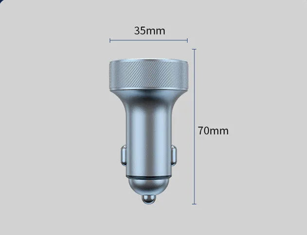 Black aluminium alloy car charger with digital display showing three USB ports and one cigarette lighter socket