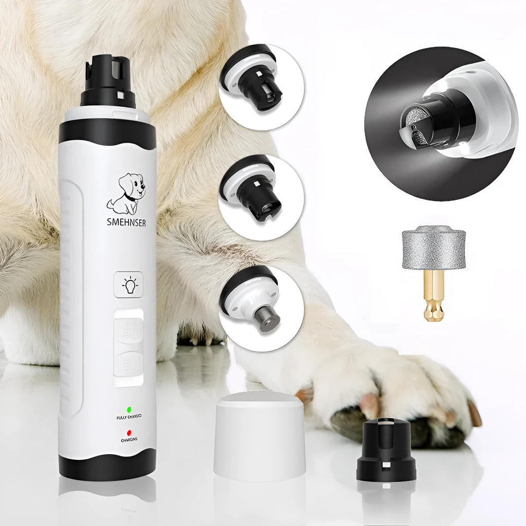 Electric dog nail trimmer device with LED display showing three speed settings for pet grooming