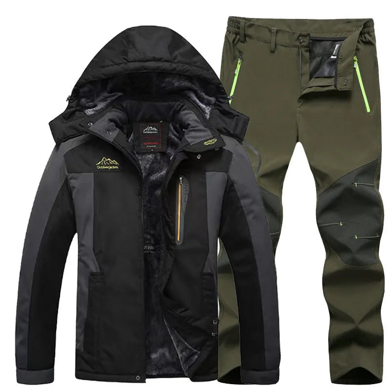 Men's outdoor windproof jacket set with pants in black and army green colour blocking, polyester fabric, for hiking and camping.