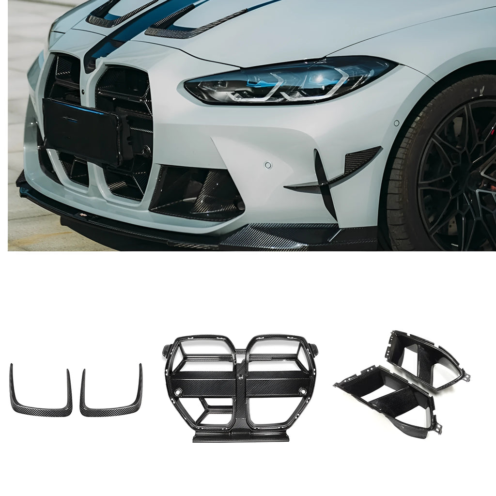 Black dry carbon fibre front bumper grille for BMW M3 M4 G80 G82 with 3K weave pattern.
