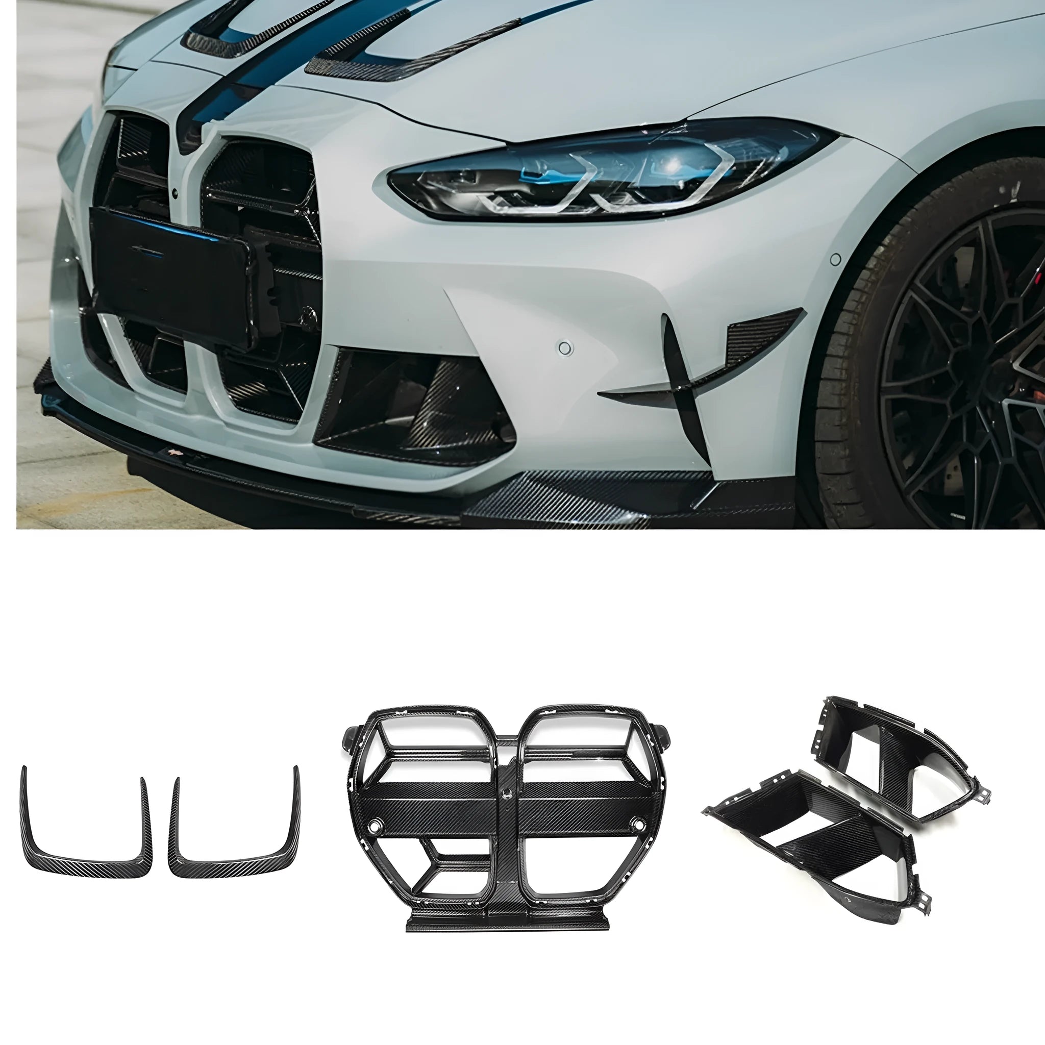 Black dry carbon fibre front bumper grille for BMW M3 M4 G80 G82 with 3K weave pattern.