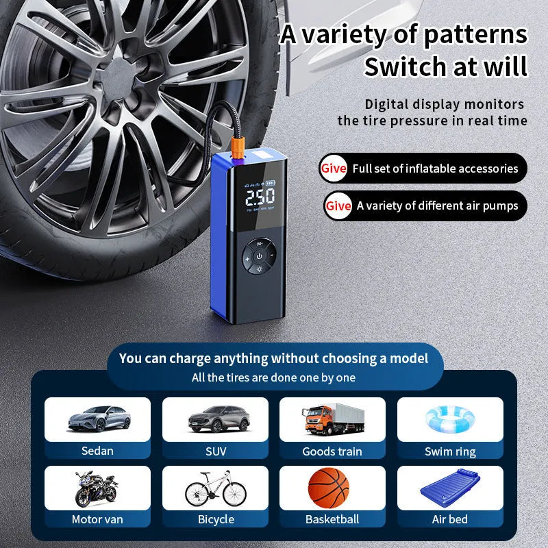 Blue wireless portable car tyre inflator with digital display and LED light on dark background