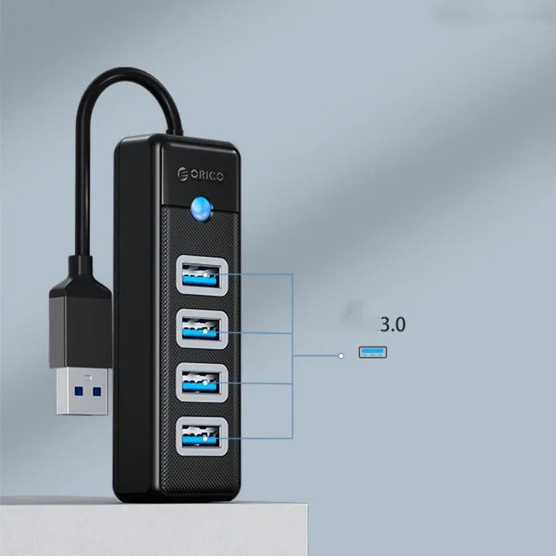 Black ABS 4-port USB 3.0 hub with USB-A input and multiple cable lengths for notebooks