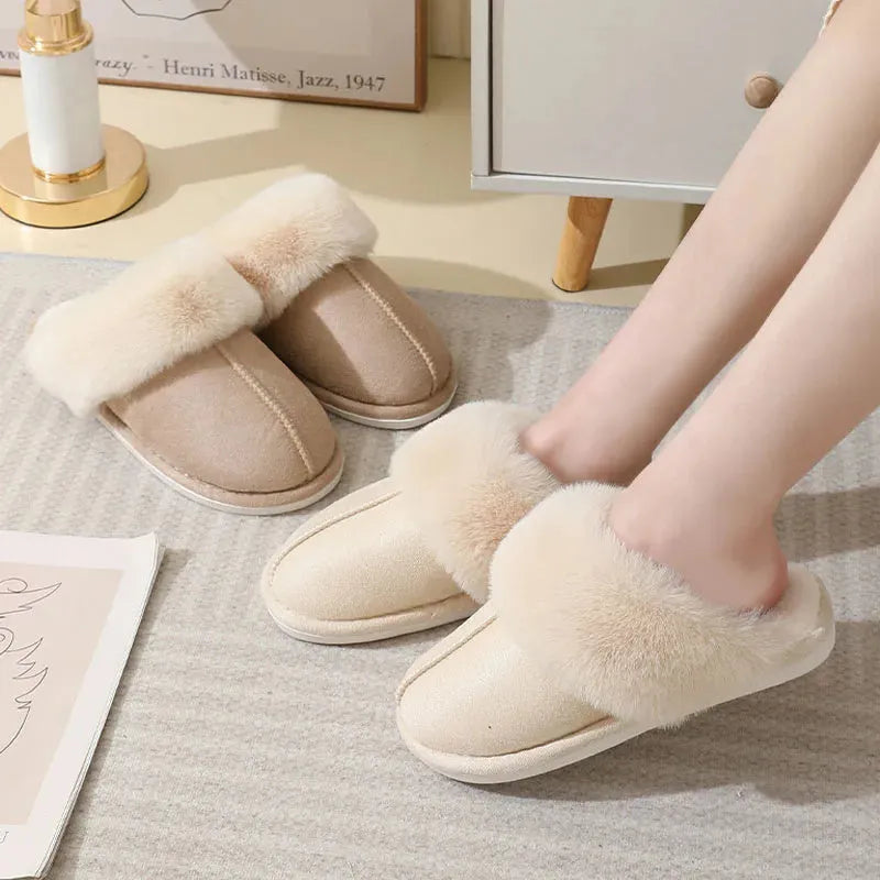 Women's brown plush winter slippers with artificial wool lining and anti-slip PVC sole shown from side view