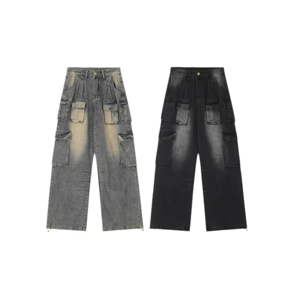 Loose straight-leg distressed jeans with multiple pockets in light blue denim fabric