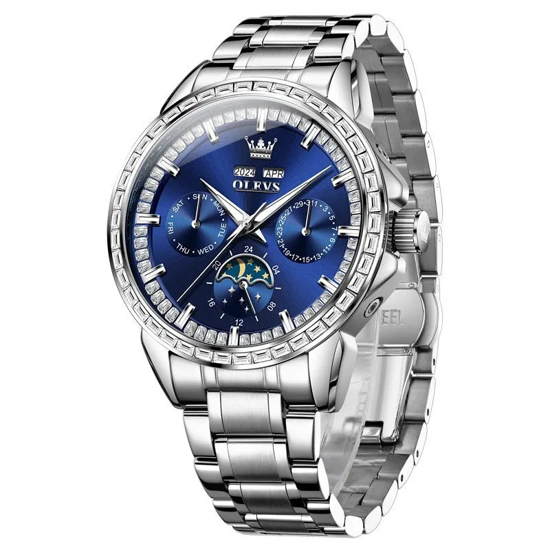 Men's automatic mechanical watch with stainless steel strap, transparent case back, and flat top crown in business style