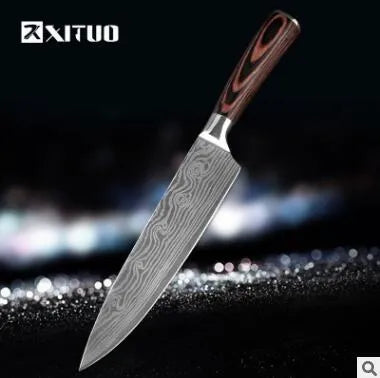 7Cr17 stainless steel chef knife with 18cm blade, laser Damascus pattern, and coloured wood handle