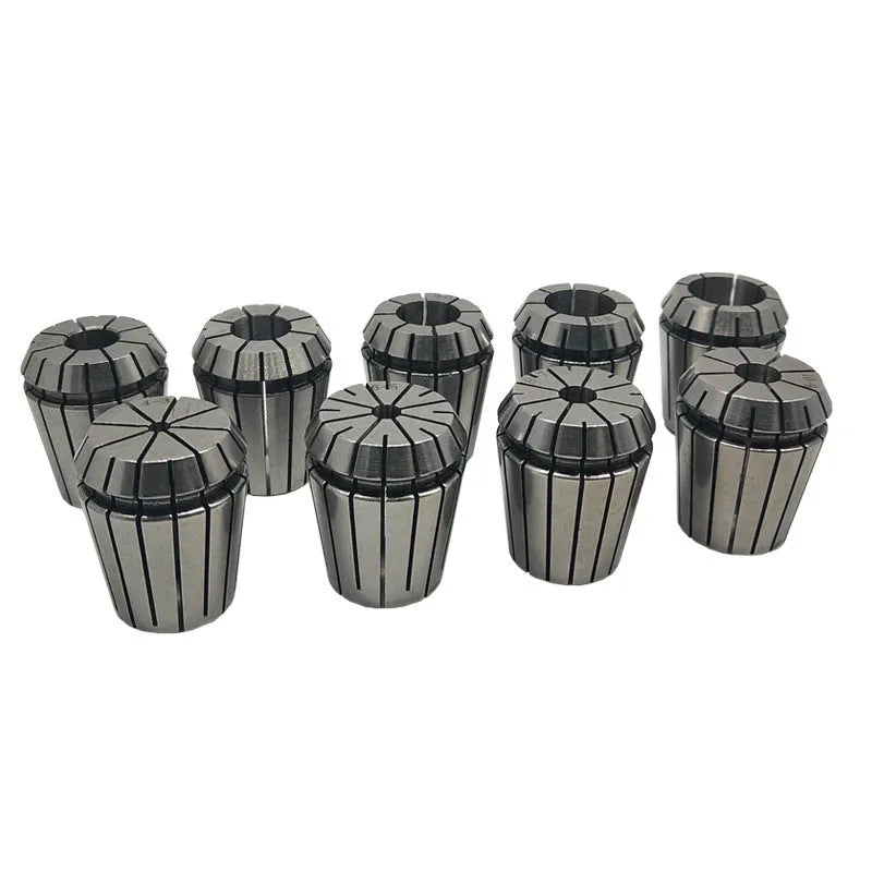 ER32 collet set with 19 collets, Morse taper arbor, and wrench on workbench