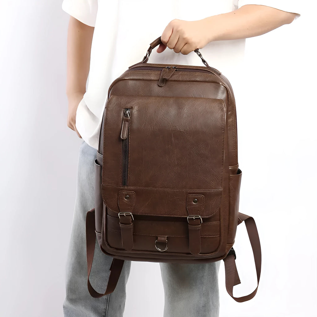 Men's casual business backpack in PU leather, solid colour, black, urban simplicity style, side view