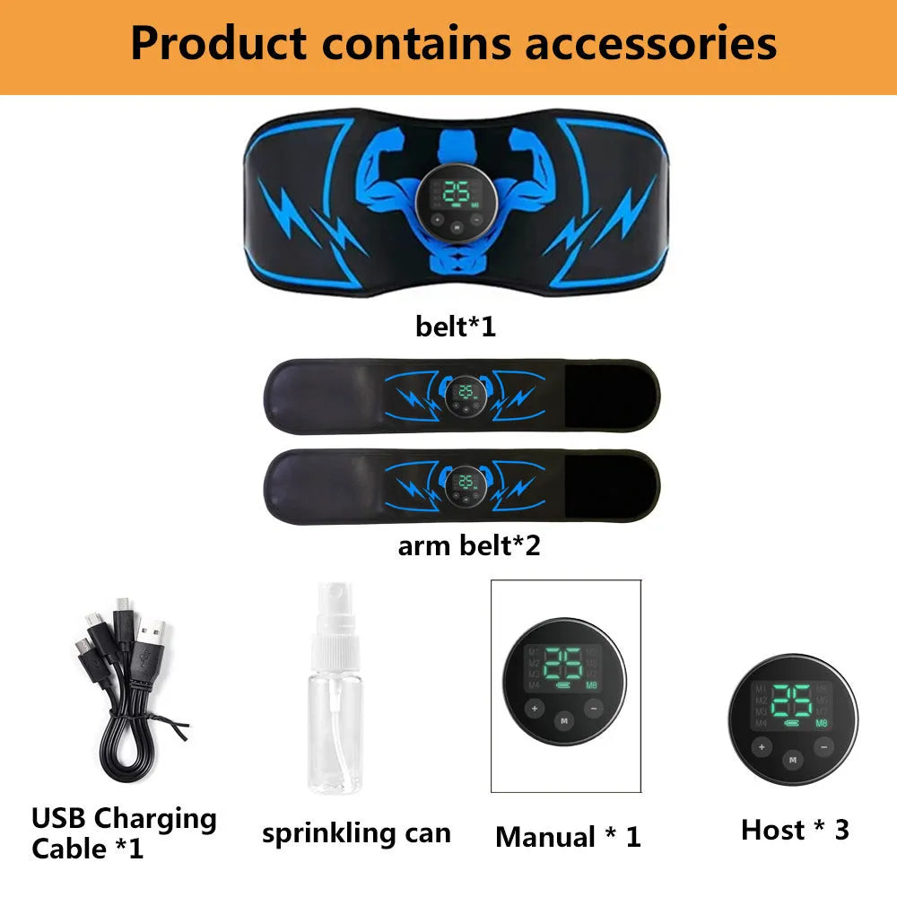 Blue EMS fitness slimming belt with abdominal stickers and wireless remote control unit