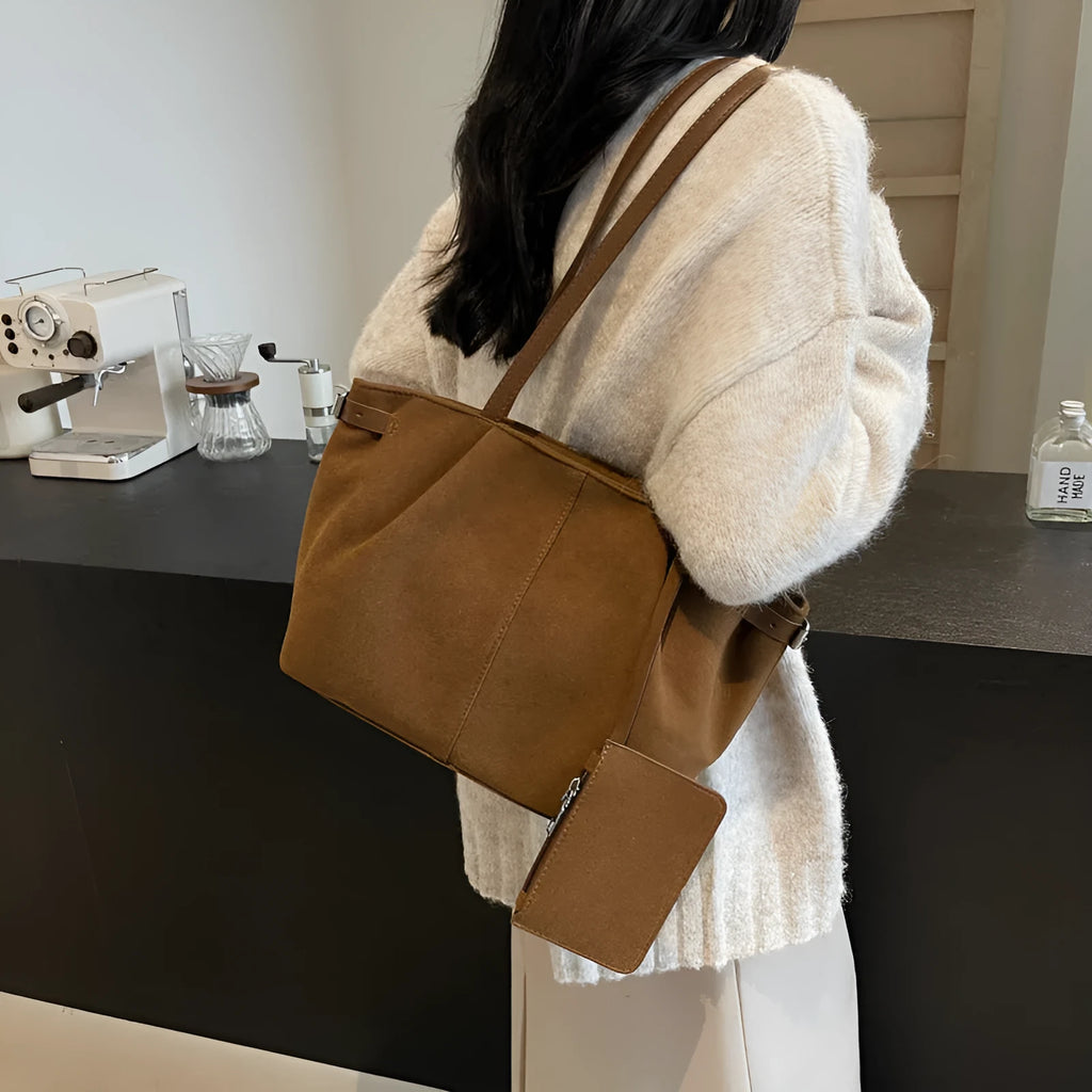 PU suede casual commute handbag horizontal square shape black zipper changing compartment double shoulder straps