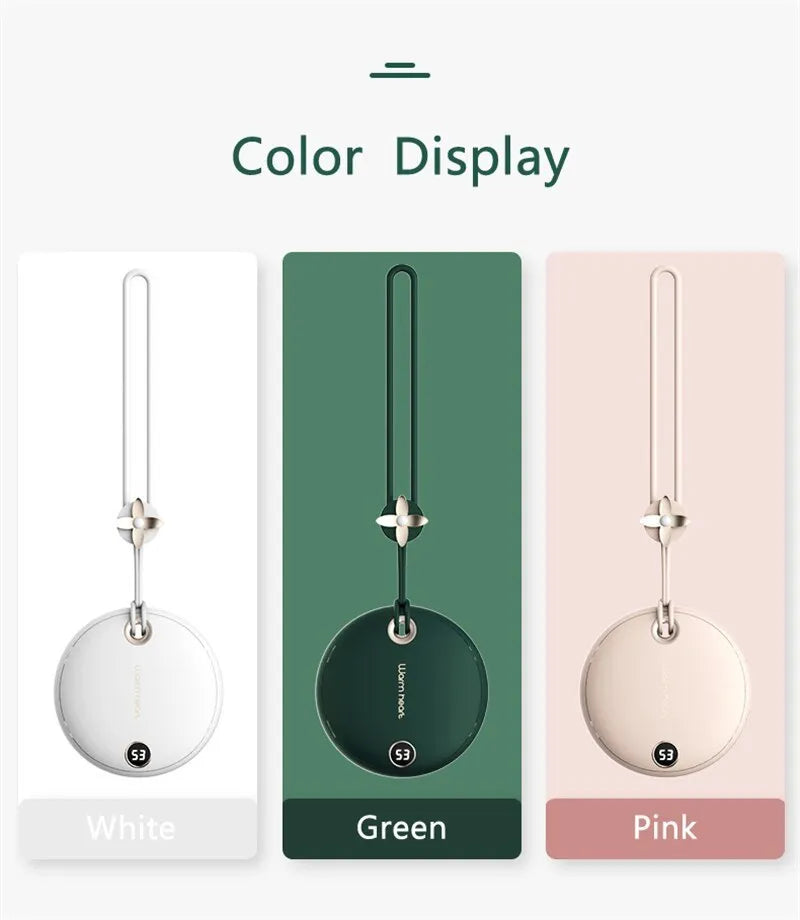 Green portable power bank with digital display, functioning as a hand warmer, shown next to its USB Type-C cable.