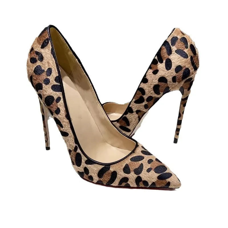 Suede leopard print high heels for women with rhinestone toe, pointed stiletto, rubber sole