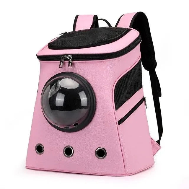 Pet space capsule backpack carrier with transparent PC window, ventilation holes, and adjustable straps in black for small cats and dogs 35x31x25 cm