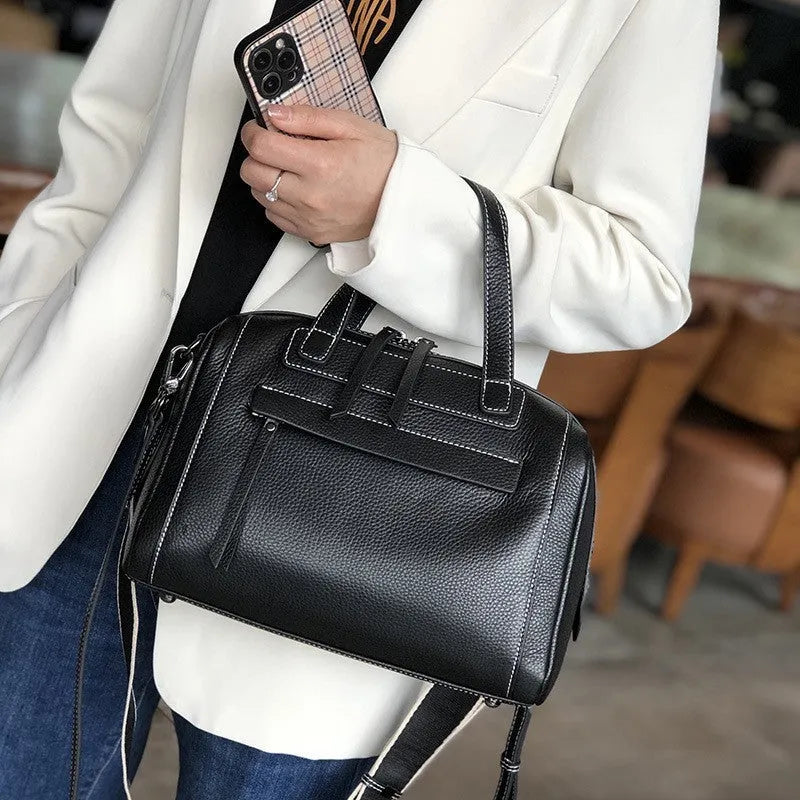 Genuine leather Boston lychee pattern shoulder messenger bag with multiple internal compartments