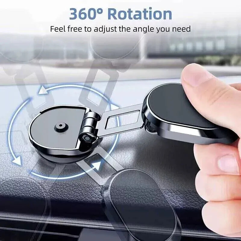 Chrome alloy folding magnetic car phone holder with 360-degree rotation on dashboard