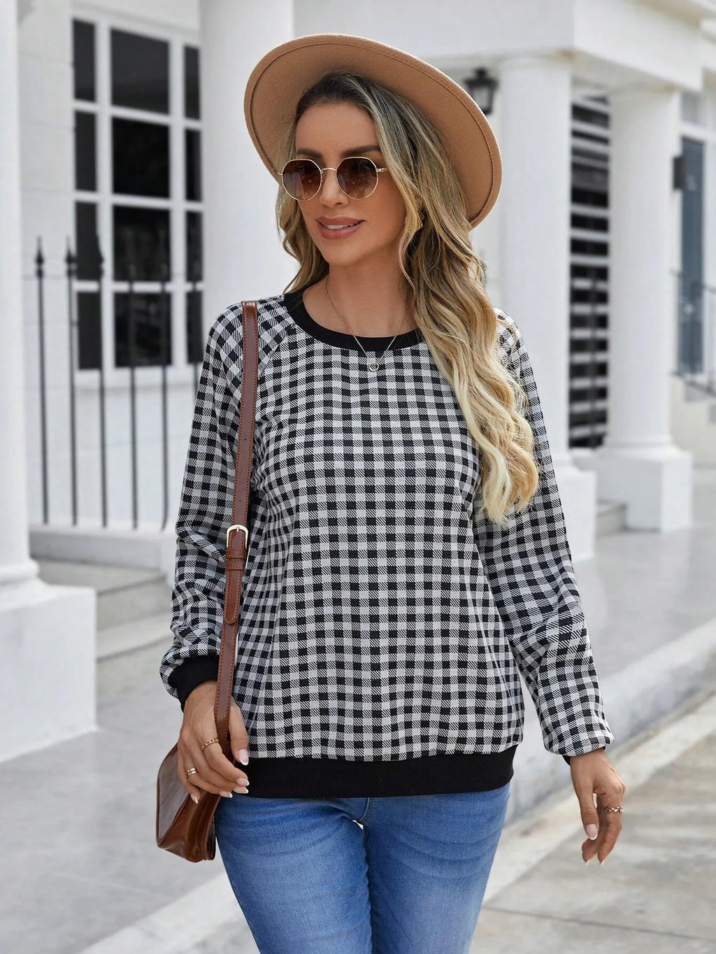 Black Japanese plaid pattern long sleeve pullover sweater with printed details