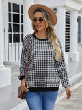 Black Japanese plaid pattern long sleeve pullover sweater with printed details