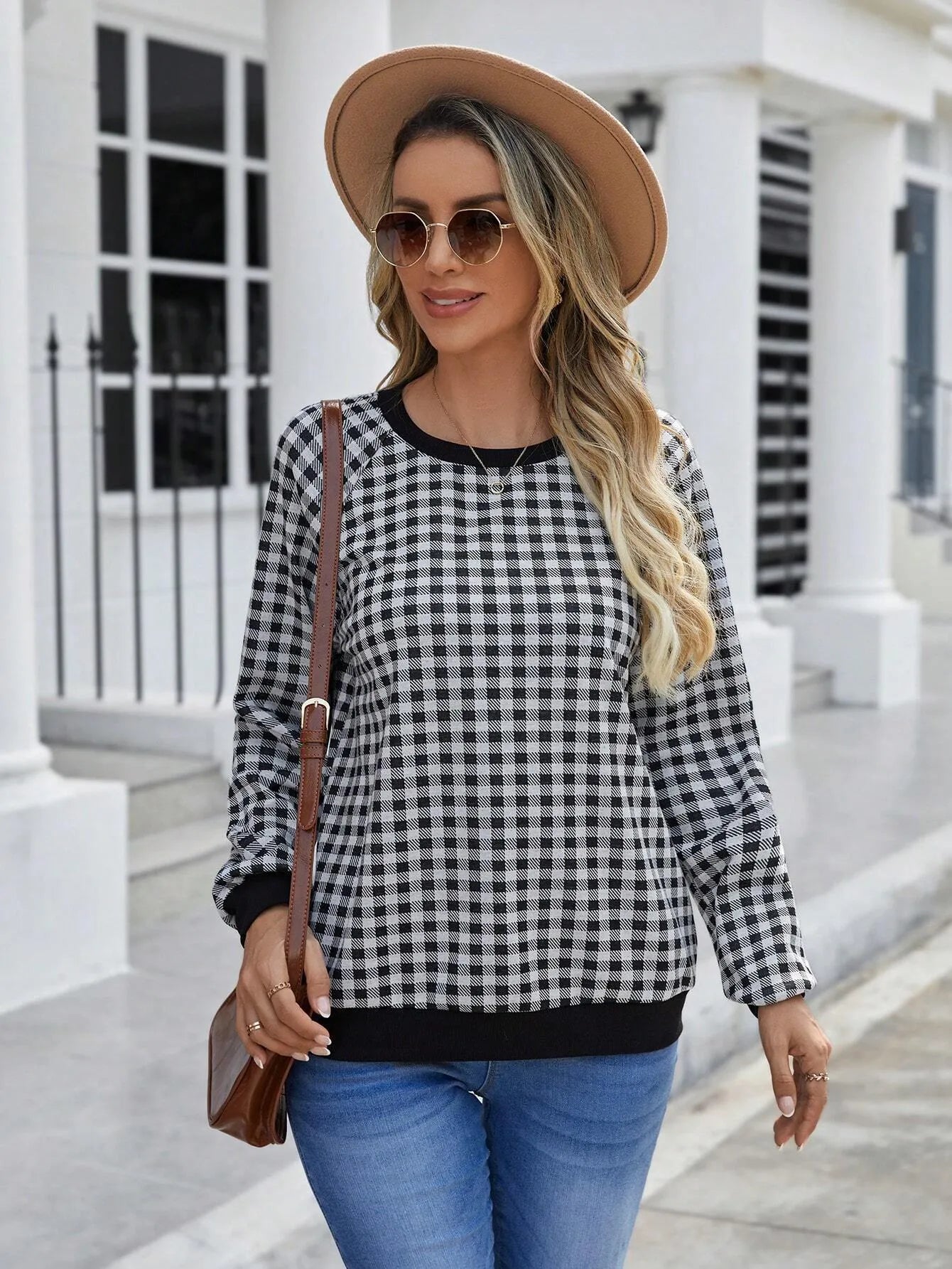 Black Japanese plaid pattern long sleeve pullover sweater with printed details