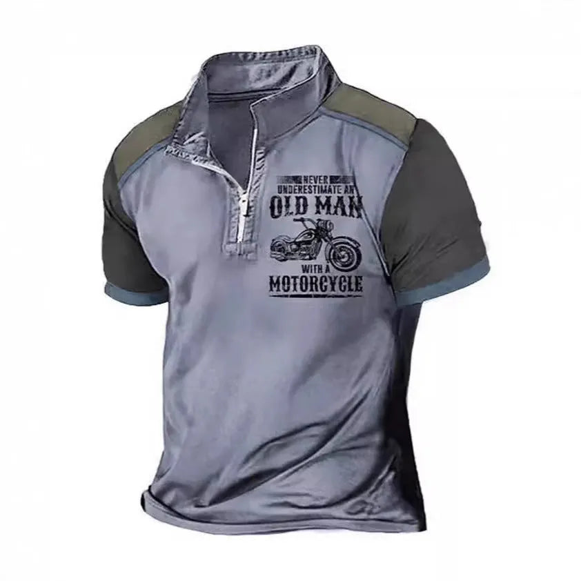Men's casual short-sleeve polo shirt with lapel collar and digital letter print design.
