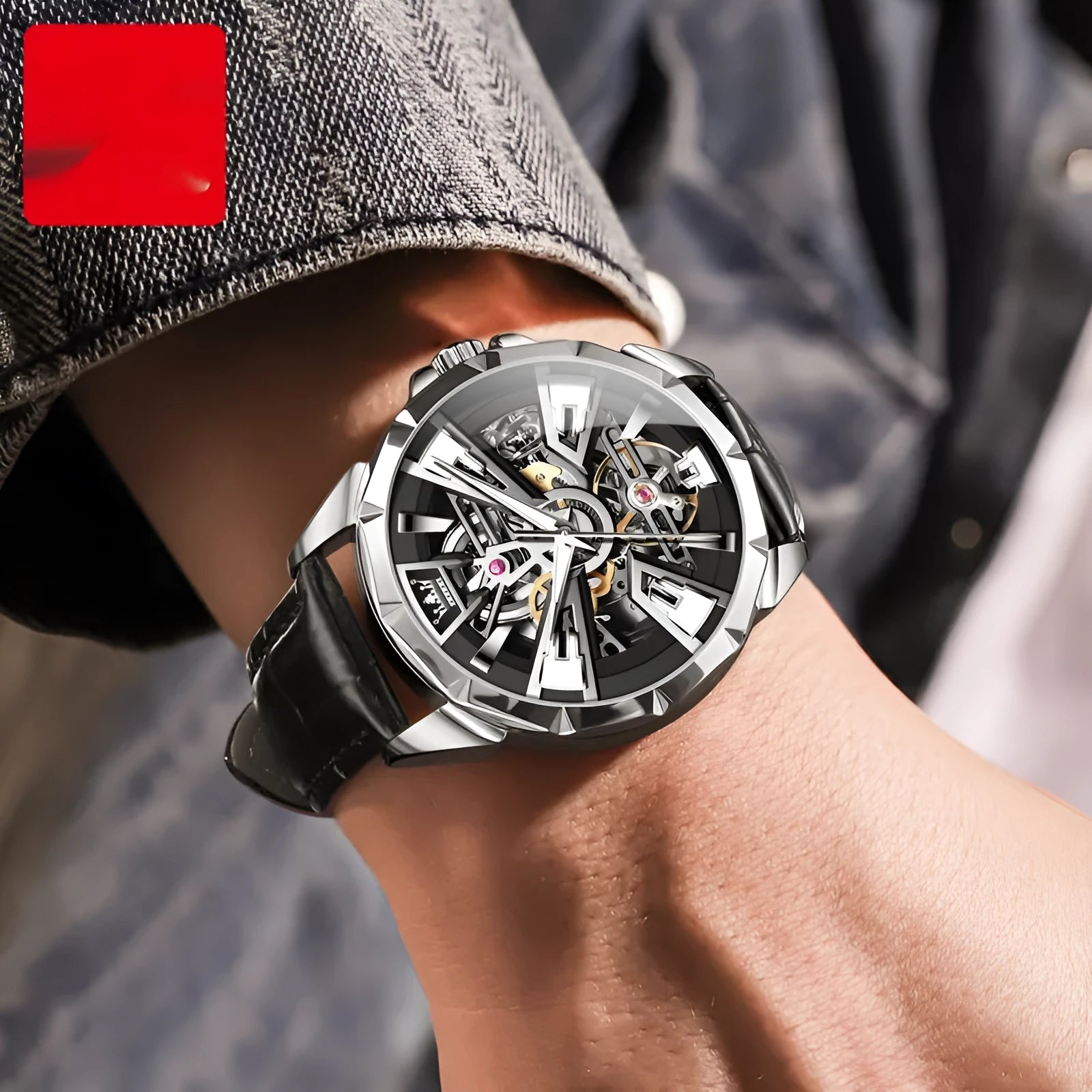 Men's automatic mechanical watch with hollow design, barrel-shaped dial, and genuine leather strap