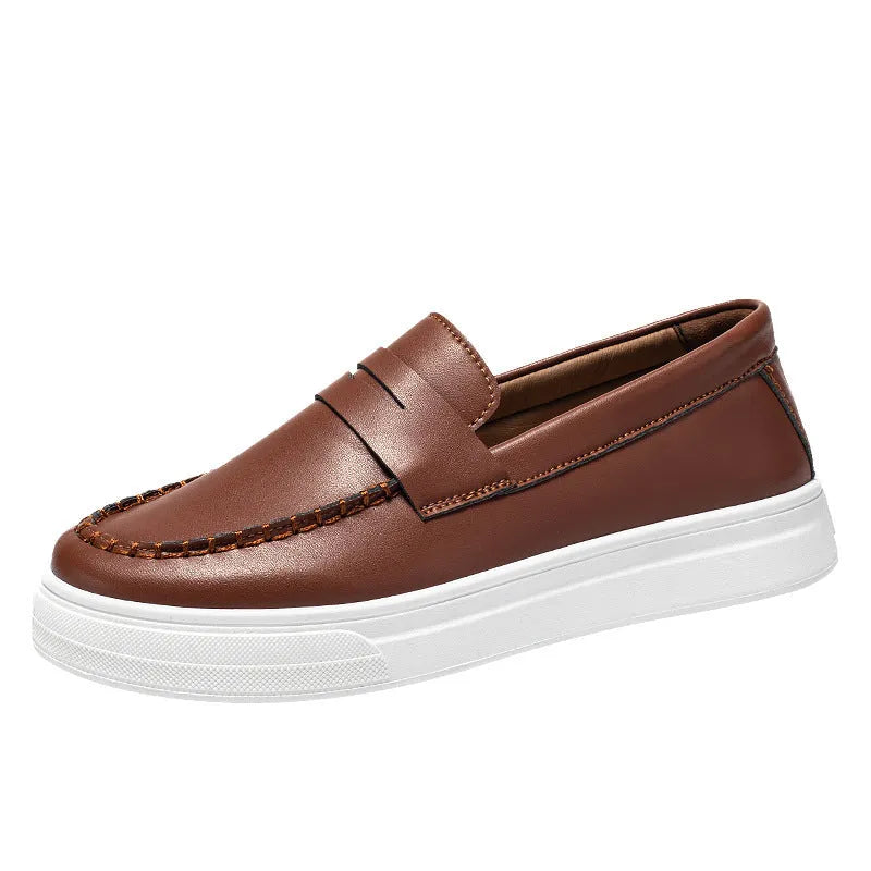Men's casual slip-on loafers in PU leather with round toe, shown in white, black and white, and khaki colours
