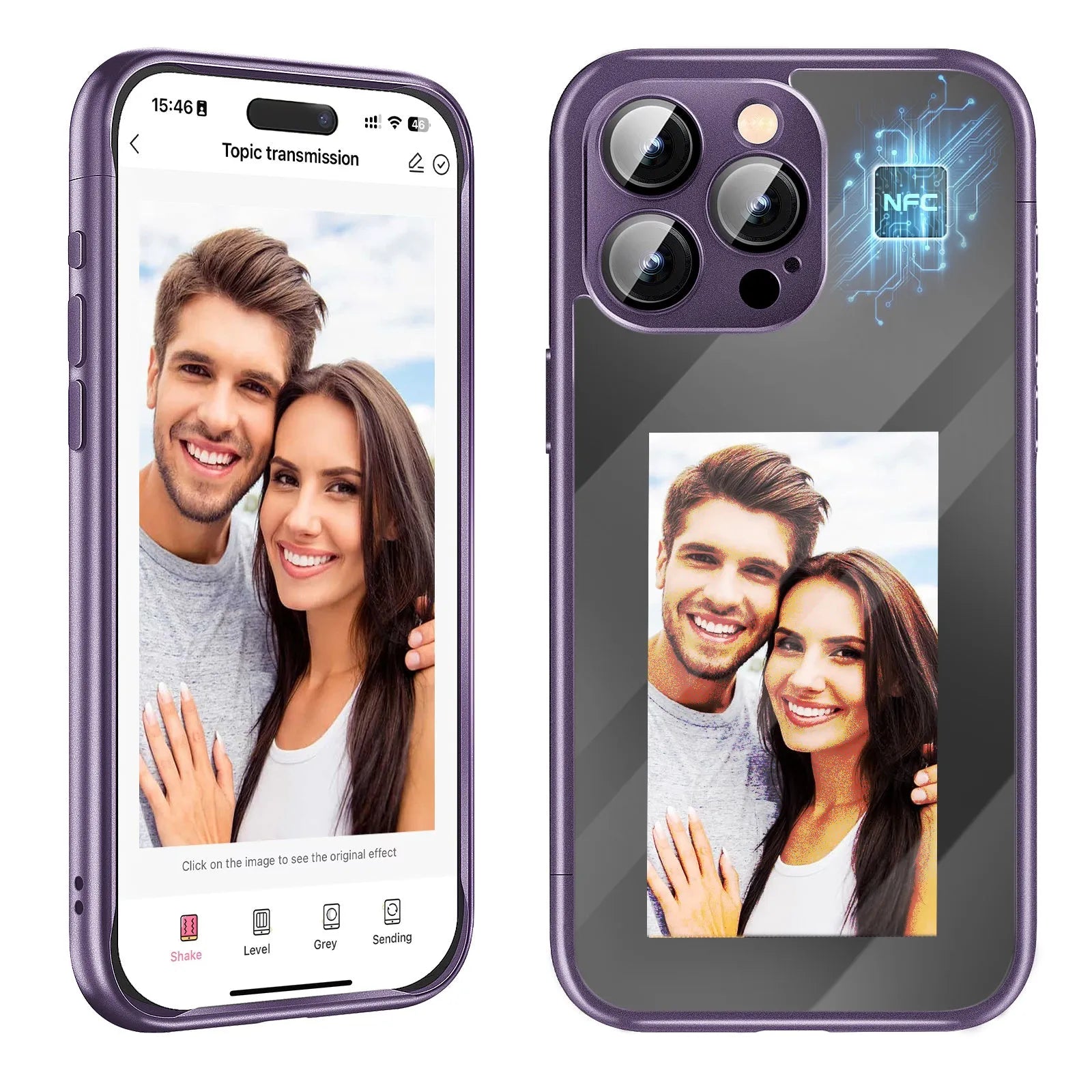 Black and purple iPhone 15 Pro NFC ink screen flip phone case with customisable display