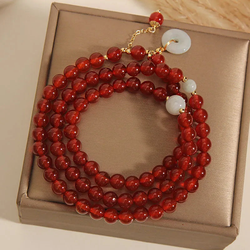 Red agate multi-layer women's bracelet with crystal construction and retro ethnic styling