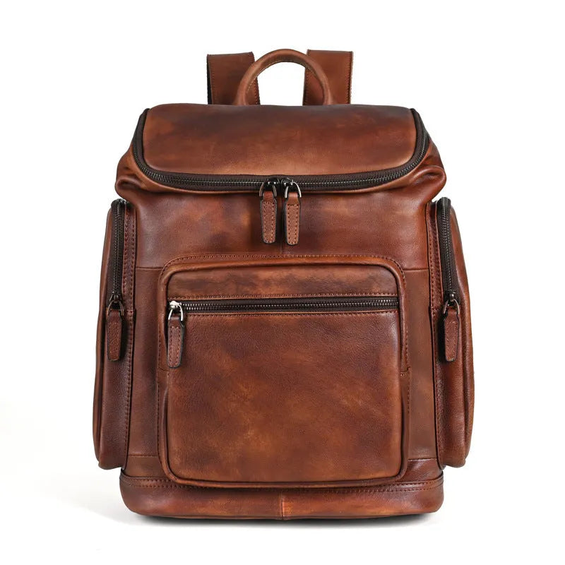 Genuine retro double-layer cowhide backpack for men, light brown, 14-inch size, patchwork style