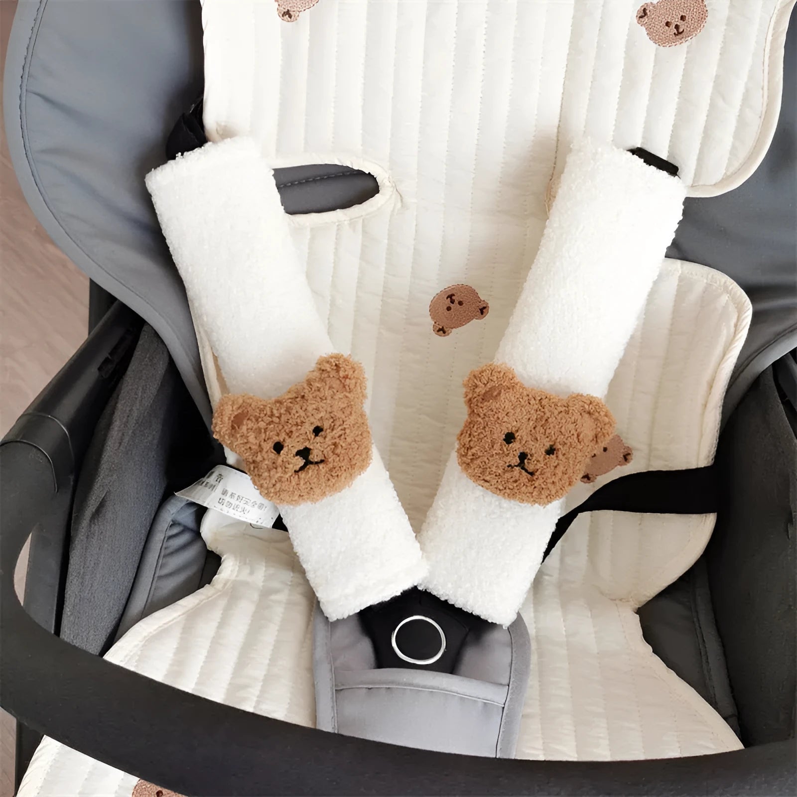 Khaki cartoon bear plush seat belt cover protector for baby car seat safety